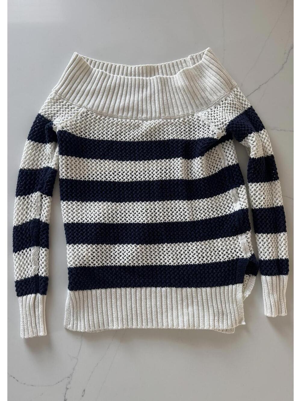Aerie Striped White & Navy Knit Off-Shoulder Sweater XS